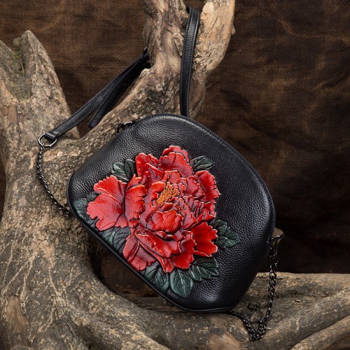 Genuine Leather Women Bags Cross Body Peony Pattern Handbag