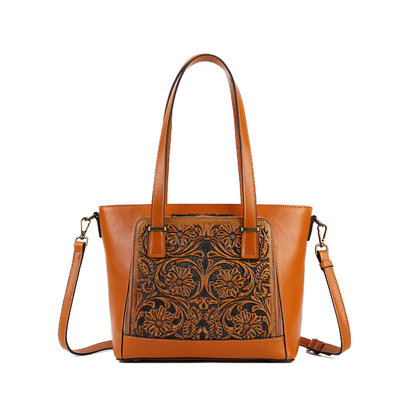 New Vintage Shoulder Bag Women Large Capacity Embossed Genuine Leather Handbag