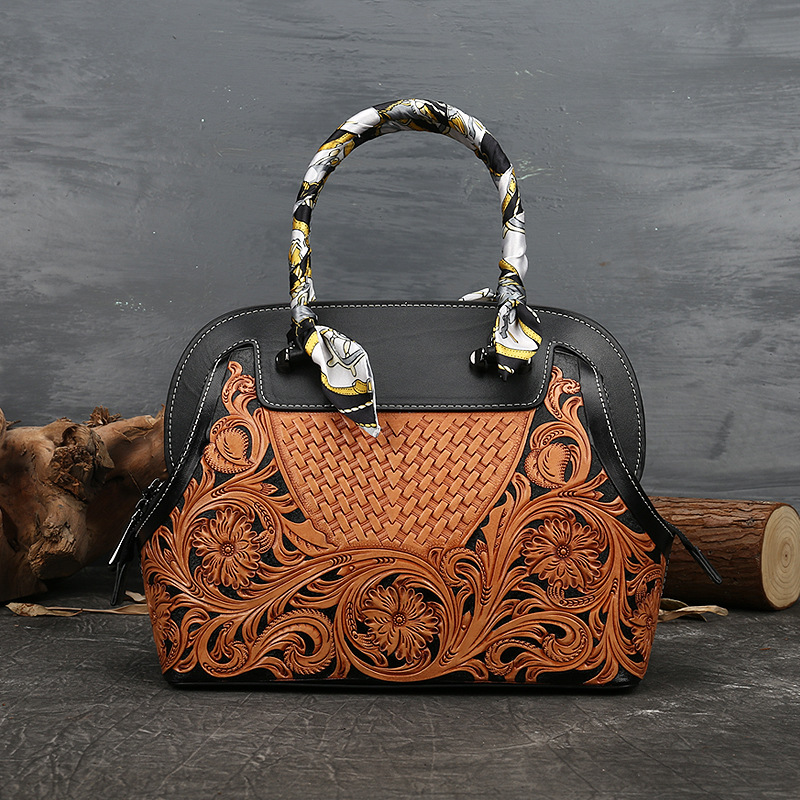 Genuine Leather Handbags Vintage Hand Carving 3D Handmade Bagies Luxury Handbags