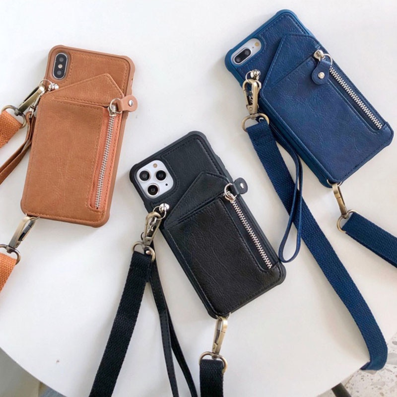 Luxury Leather Wallet Strap Cord Crossbody Case for iPhone